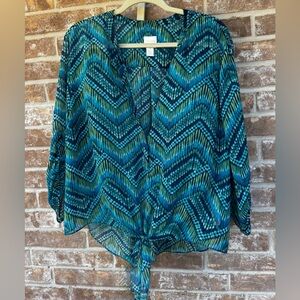 Chico's Teal and Navy Sheer Tie-Front Abstract Blouse, Size 4/XXL